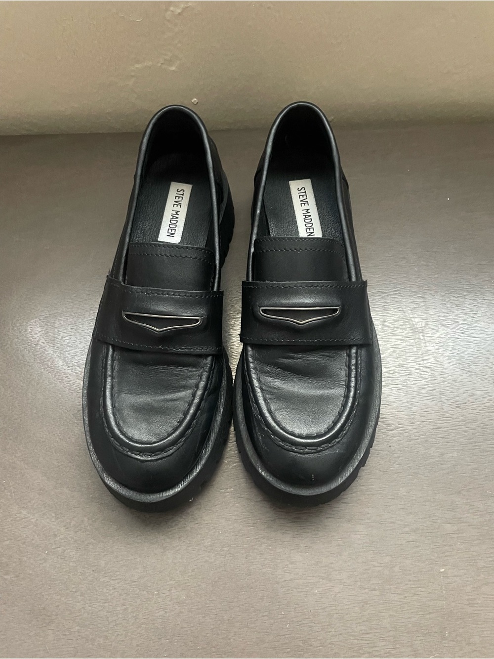 Steve Madden Lawrence Black Leather Lug Sole Chunky Platform Penny Loafer Size 7